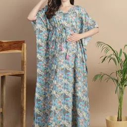 Secret Wish Floral Printed V-Neck Pure Cotton Maxi Maternity Kaftan Nightdress-image-48