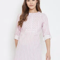 BAESD Striped Mandarin Collar Roll-Up Sleeves Cotton Shirt Style Longline Top-picture-3
