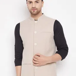 even Men Cream-Coloured Woven Design Nehru Jacket-11