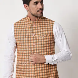 Vastraa Fusion Men Orange Checked Woven Nehru Jackets-picture-35