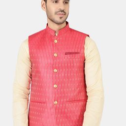 Wintage Men Red Woven Design Nehru Jackets-picture-7