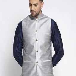 Kaifoo Men Silver-Colored Solid Woven Nehru Jacket-image-25
