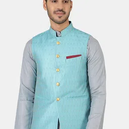 Wintage Men Blue Printed Woven Nehru Jackets-picture-4