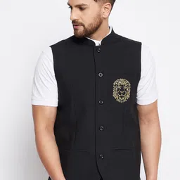 even Men Black Solid Woven Nehru Jacket-5