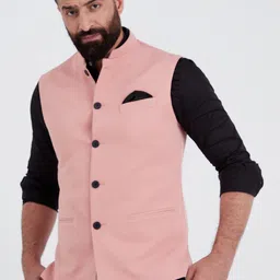 MR BUTTON Men Light Pink Textured Nehru Jackets-9