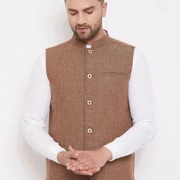 even Men Camel Brown Woven Design Woolen Nehru Jacket-picture-36
