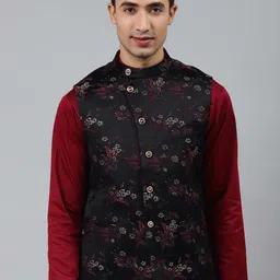 MANQ Men Woven Design Jaquard Silk Nehru Jacket-28
