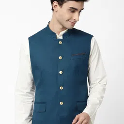AD By Arvind Men Teal Blue Solid Nehru Jackets-image-49