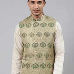 MANQ Men Woven-Design Silk Jaquard Nehru Jacket-29
