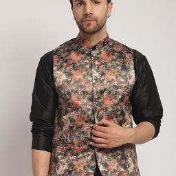 Kaifoo Mandarin Collar Floral Printed Cotton Silk Nehru Jacket-picture-46