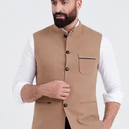 MR BUTTON Men Khaki  Solid Nehru Jacket-21