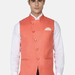 TAHVO Men Peach-Colored Solid Nehru Jacket-19