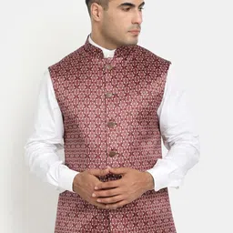 HOB Men Maroon Printed Woven Nehru Jacket-picture-12