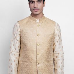 Wintage Men Beige Self-Design Banarasi Woven Nehru Jacket-picture-50
