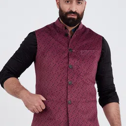 MR BUTTON Men Maroon Printed Woven Nehru Jackets-picture-53