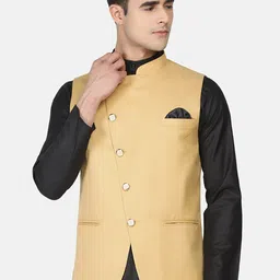 TAHVO Men Golden Solid Nehru Jacket-31