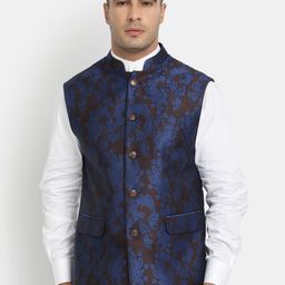 HOB Men Navy Blue & Brown Woven-Design Nehru Jacket-image-58