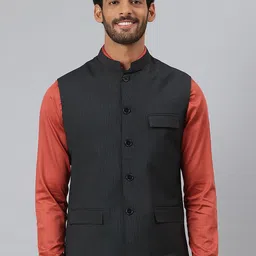 MR BUTTON Striped Mandarin Collar Woven Nehru Jacket-picture-43