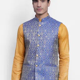 Wintage Men Blue & Off White Woven-Design Banarasi Nehru Jacket-81