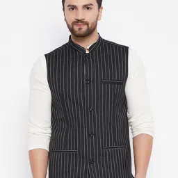 even Men Black & Grey Striped Woven Nehru Jacket-picture-16