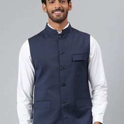 MR BUTTON Men Navy Blue Solid Woven Nehru Jacket-picture-47