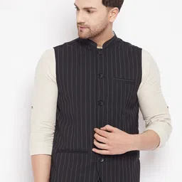 even Men Black Striped Woven Nehru Jacket-image-18