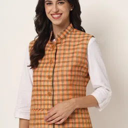Vastraa Fusion Women Orange Checked Woven Nehru Jacket-picture-18
