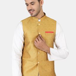 Wintage Men Golden Woven Design Nehru Jackets-image-21