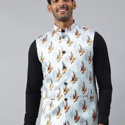 MR BUTTON Men Blue Floral Printed Nehru Jacket-picture-33