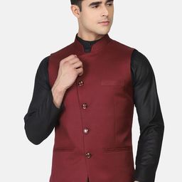 TAHVO Men Maroon Solid Nehru Jacket-20