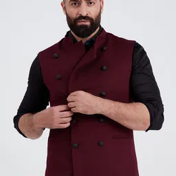 MR BUTTON Men Burgundy Solid Woven Nehru Jacket-picture-16