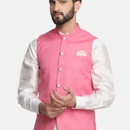 TAHVO Men Pink Solid Satin Nehru Jacket-10