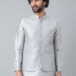 Hangup Men Grey Embroidered Nehru Jackets-22
