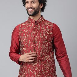Hangup Men Red Embroidered Nehru Jackets-47