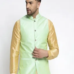 Kaifoo Men Green Solid Silk Nehru Jackets-picture-29