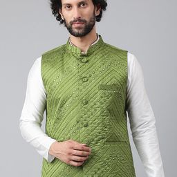 Hangup Men Green Embroidered Nehru Jackets-19