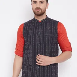 even Men Black Printed Pure Cotton Mandarin Collar Woven Nehru Jacket-5