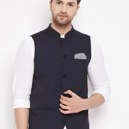 even Men Navy Blue Solid Woven Nehru Jacket-33