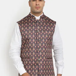 HOB Men Navy Blue & Peach-Coloured Printed Woven Nehru Jacket-0
