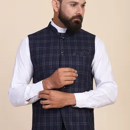 TAHVO Men Blue Checked Printed Woven Nehru Jackets-picture-0