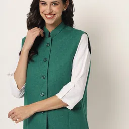 Vastraa Fusion Women Green Woven Design Woollen Nehru Jacket-7
