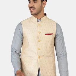 Wintage Men Beige Printed Nehru Jackets-picture-1