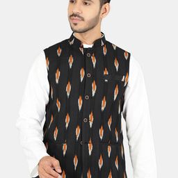 Wintage Men Black & Orange Printed Woven Pure Cotton Nehru Jacket-43