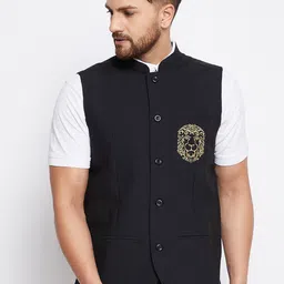 even Men Black Solid Woven Sleeveless Nehru Jacket-11