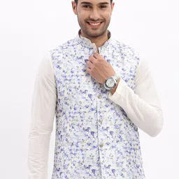 SHOWOFF Floral Printed Mandarin Collar Cotton Slim Fit Nehru Jacket-20