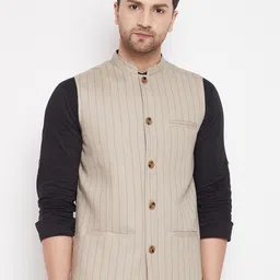 even Men Beige Striped Woven Nehru Jacket-image-7
