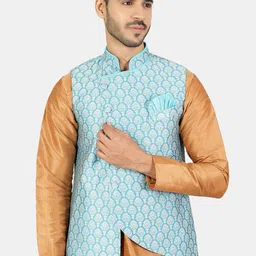 Wintage Men Blue Woven Design Nehru Jacket-20