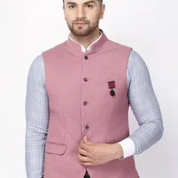 Blackberrys Men Pink & White Printed Woven Nehru Jacket-image-73