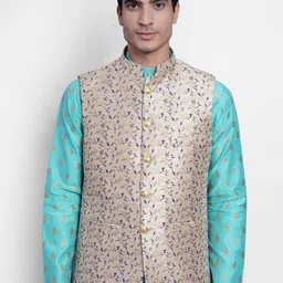 Wintage Men Beige & Blue Printed Woven-Design Banarasi Nehru Jacket-8