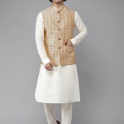 See Designs Men White & Golden Pure Silk Kurta with Pyjamas & Nehru Jackets-picture-28